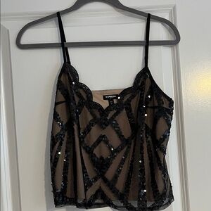 Express Black and Tan Sequin Scalloped Top with Adjustable Straps